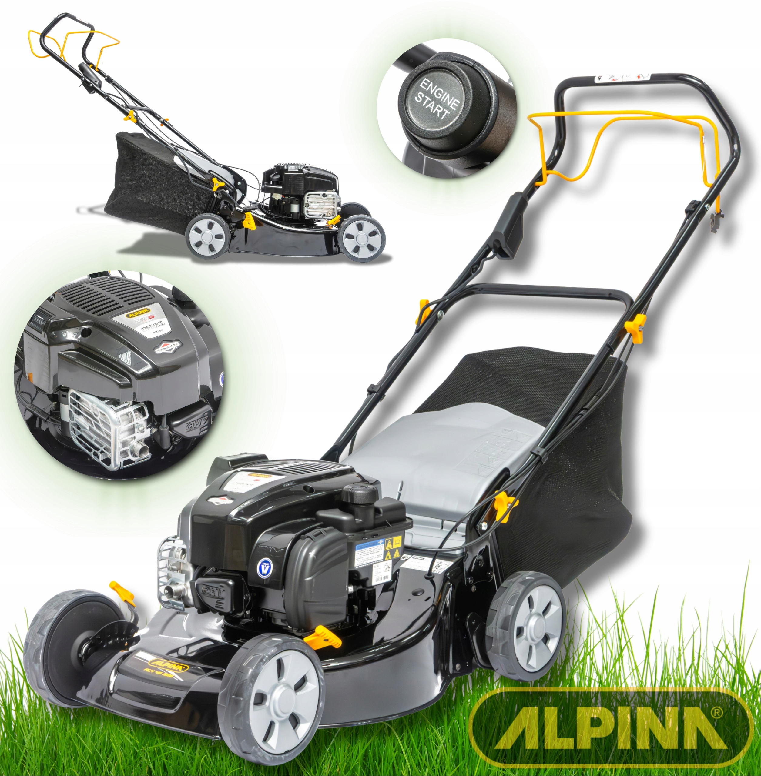 Benzínová kosačka na trávu Alpina s výkonom 2,1 kW a zberným košom s objemom 55 l, pohon zadných kolies